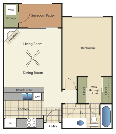 One bedroom one bath apartment floorplan